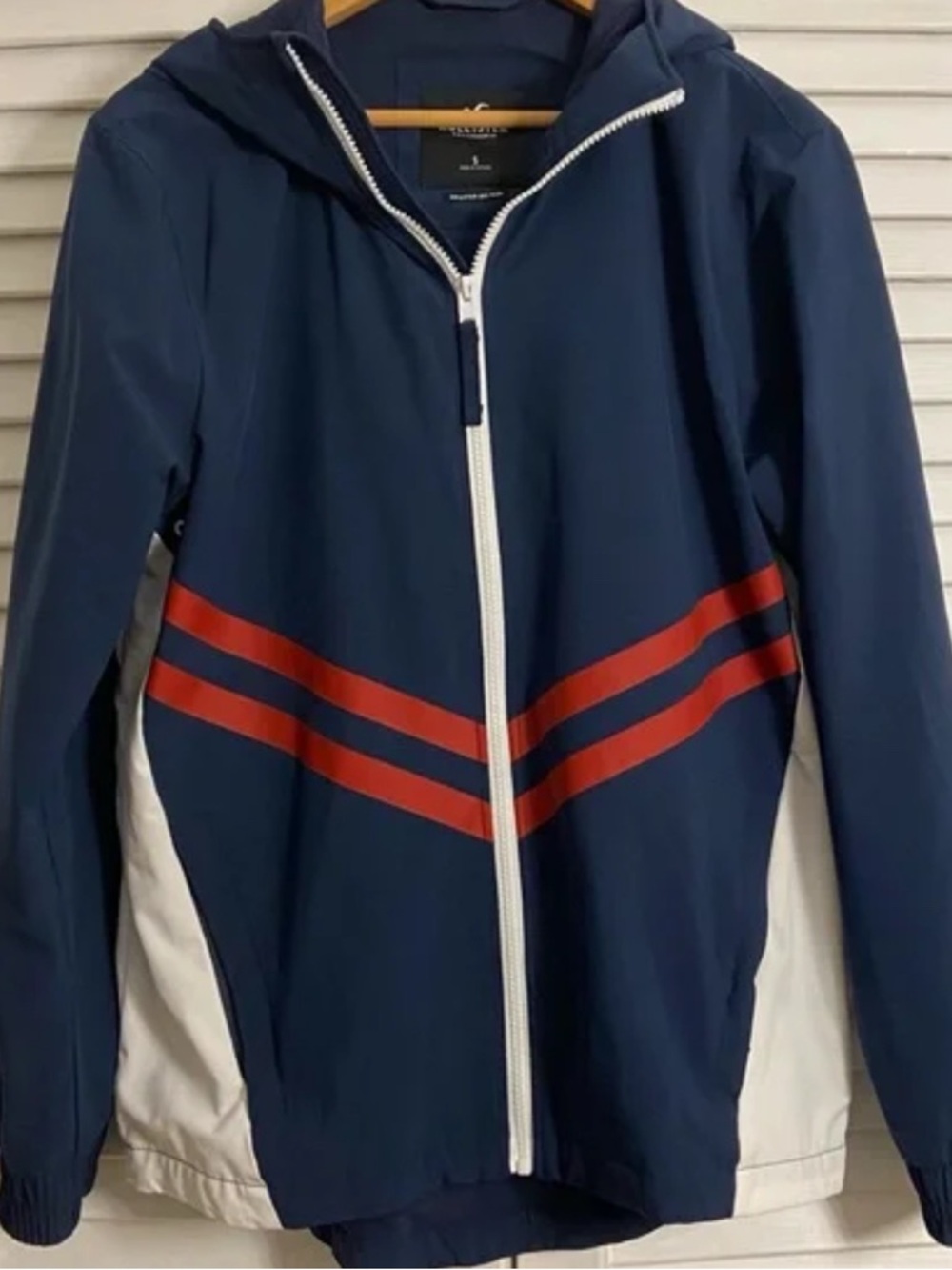 Hollister Navy Hooded Jacket with Red Stripes